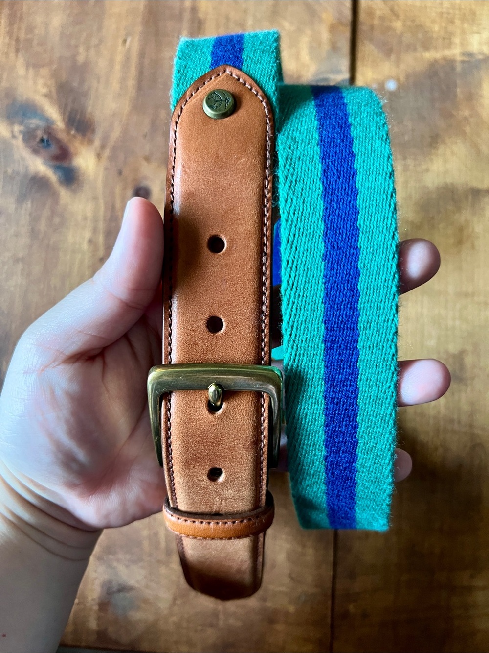 Brooks Brothers Mens Woven Surcingle Belt Leather Tab Teal Green Blue Size 42